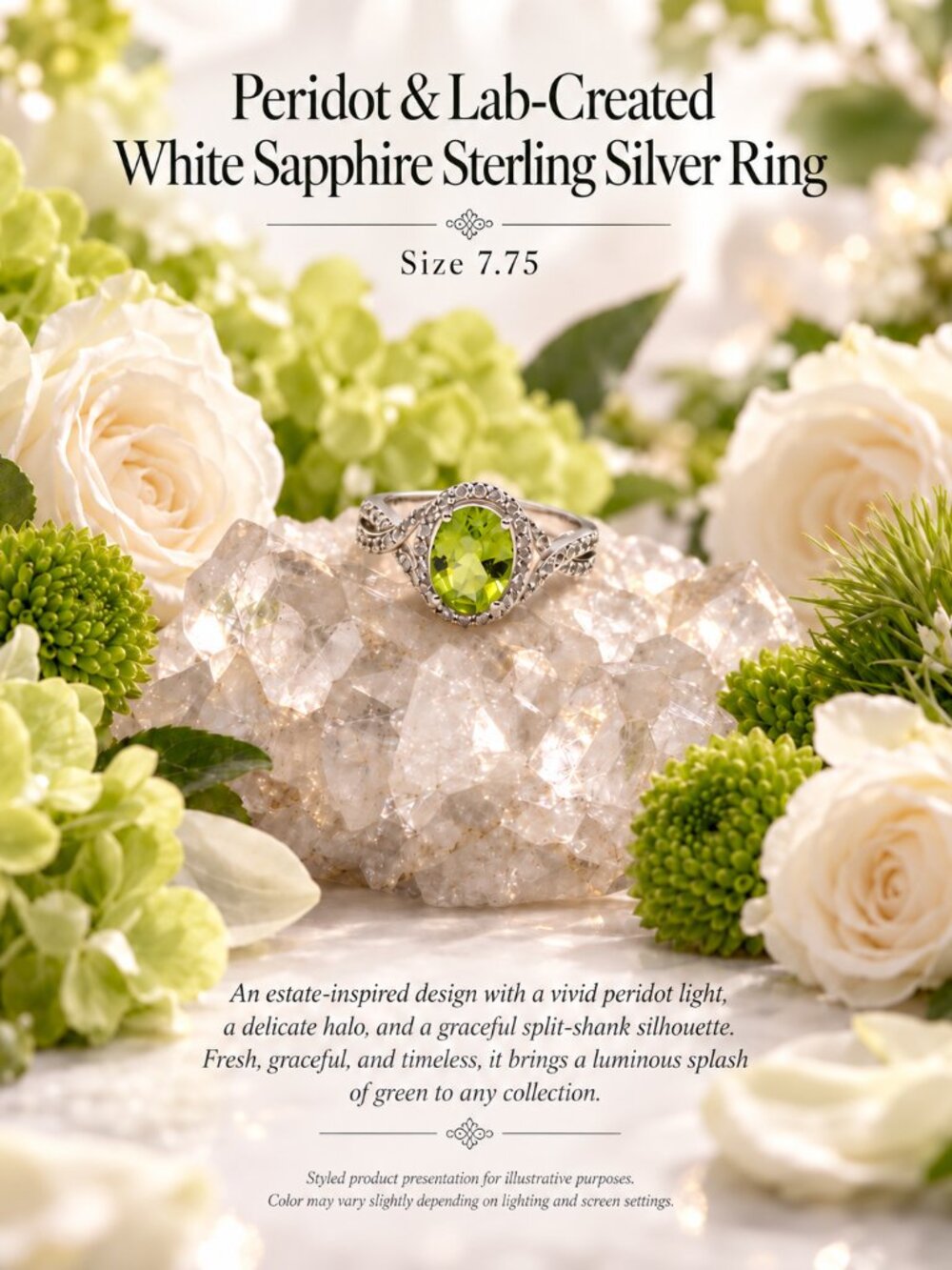 Peridot and Lab-Created White Sapphire Sterling Silver Ring - Size 7.75